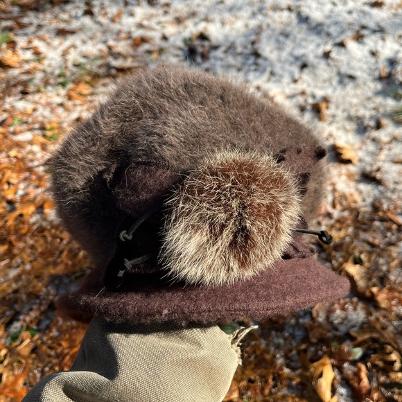 Y2K Angora Rabbit Fur Knit Hat + Genuine Fur Accent Brown - Picture 11 of 16